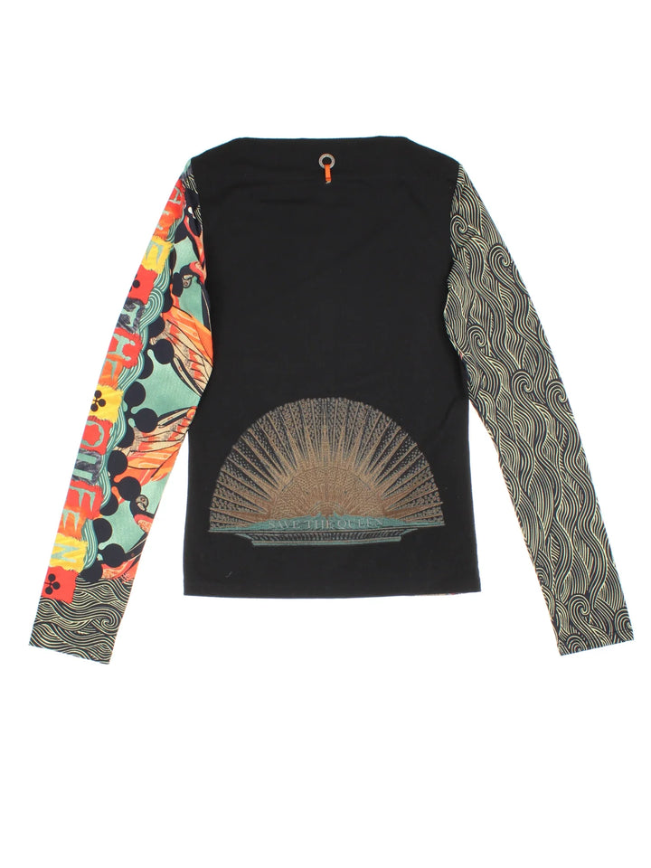 Vintage 90's Save The Queen Top in a black/orange colourway, slash neck with all over print and metal branded tab at the back.