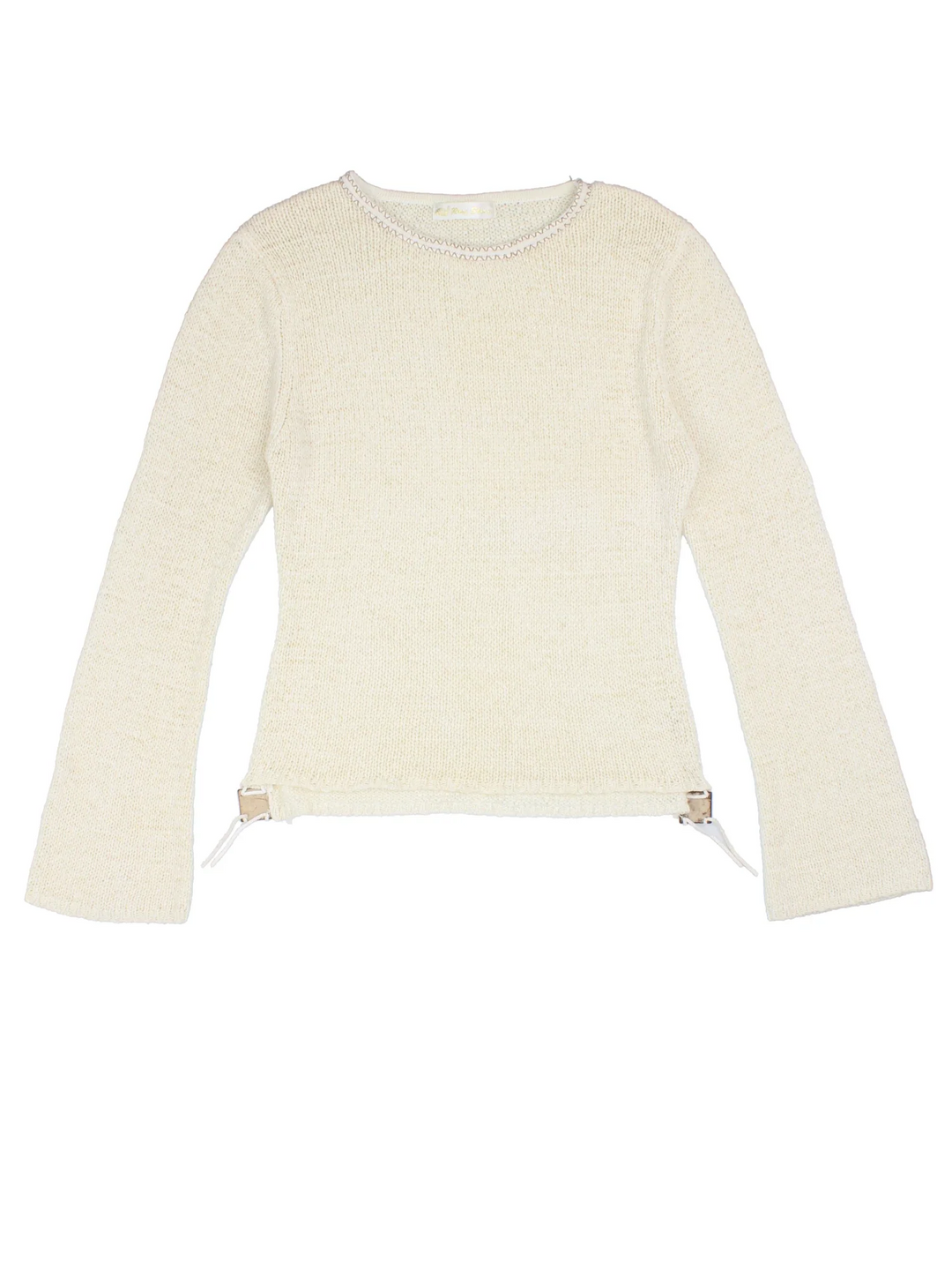 Y2K Flute Sleeve Knit in a white colourway, slash neck with contrast stitching and wooden bead detailing.