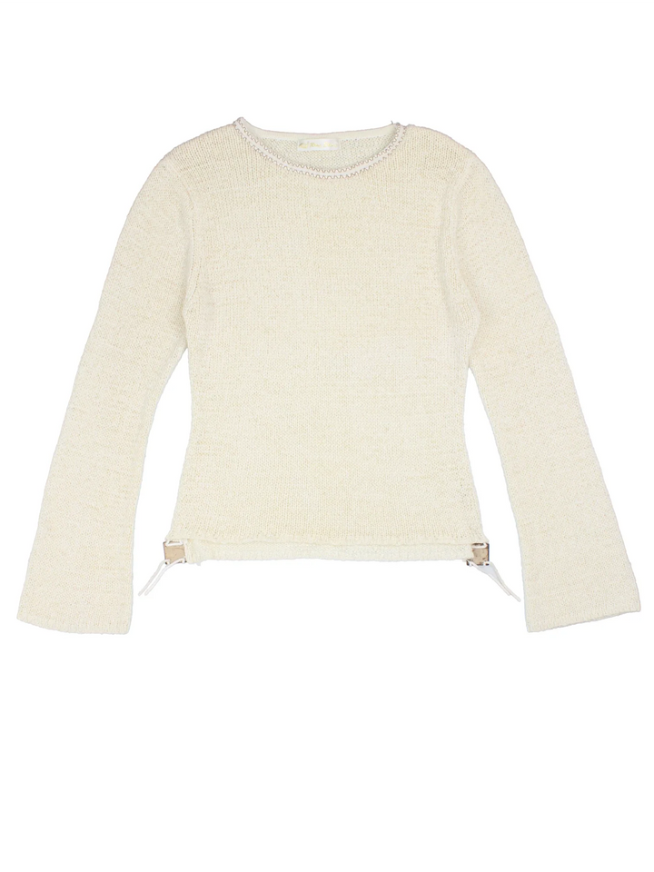 Y2K Flute Sleeve Knit in a white colourway, slash neck with contrast stitching and wooden bead detailing.