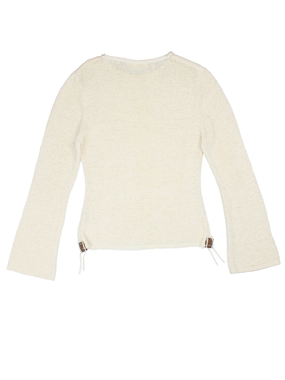 Y2K Flute Sleeve Knit in a white colourway, slash neck with contrast stitching and wooden bead detailing.