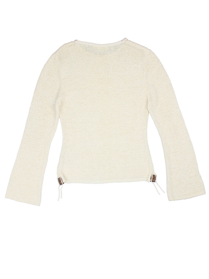 Y2K Flute Sleeve Knit in a white colourway, slash neck with contrast stitching and wooden bead detailing.