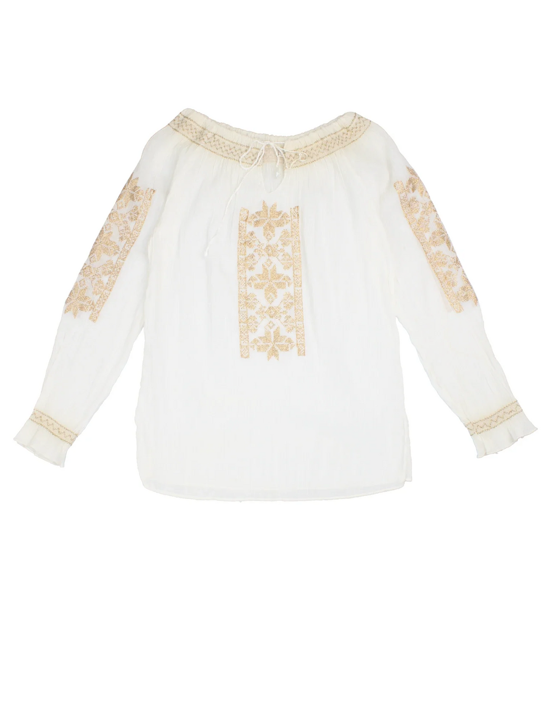 Y2K Prairie Top in a white colourway, slash neck with tie detail and contrast stitching.