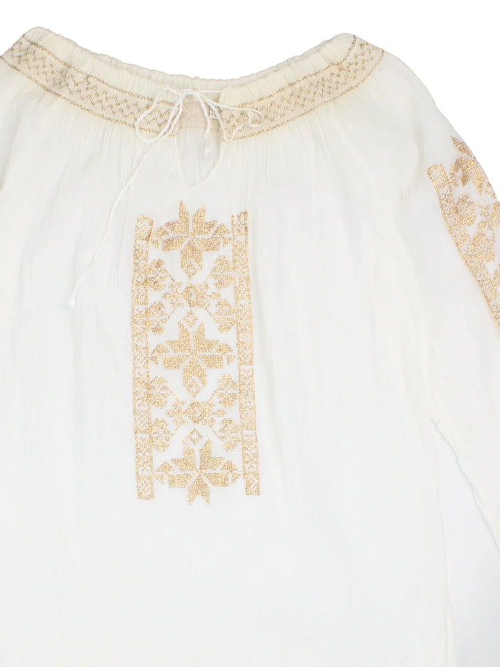 Y2K Prairie Top in a white colourway, slash neck with tie detail and contrast stitching.