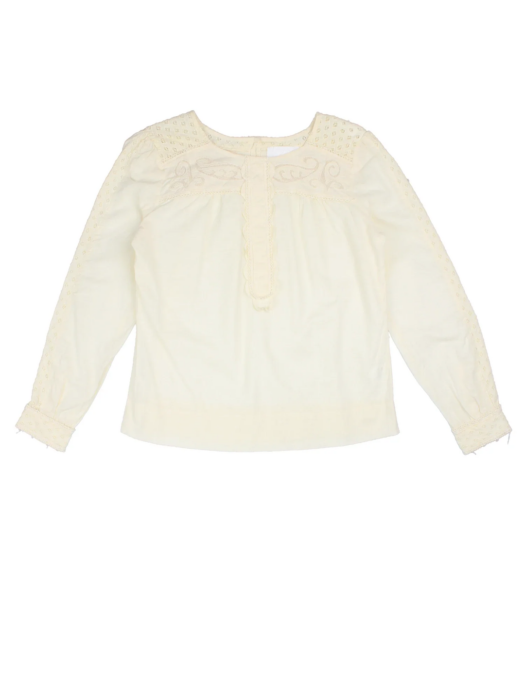 Y2K Prairie Blouse in a white colourway, slash neck with back buttons and lace insert detail.