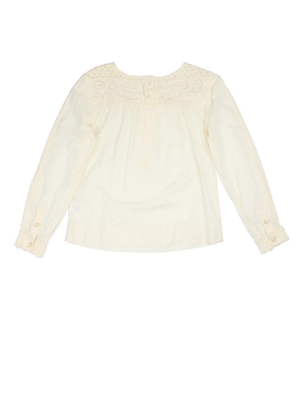 Y2K Prairie Blouse in a white colourway, slash neck with back buttons and lace insert detail.