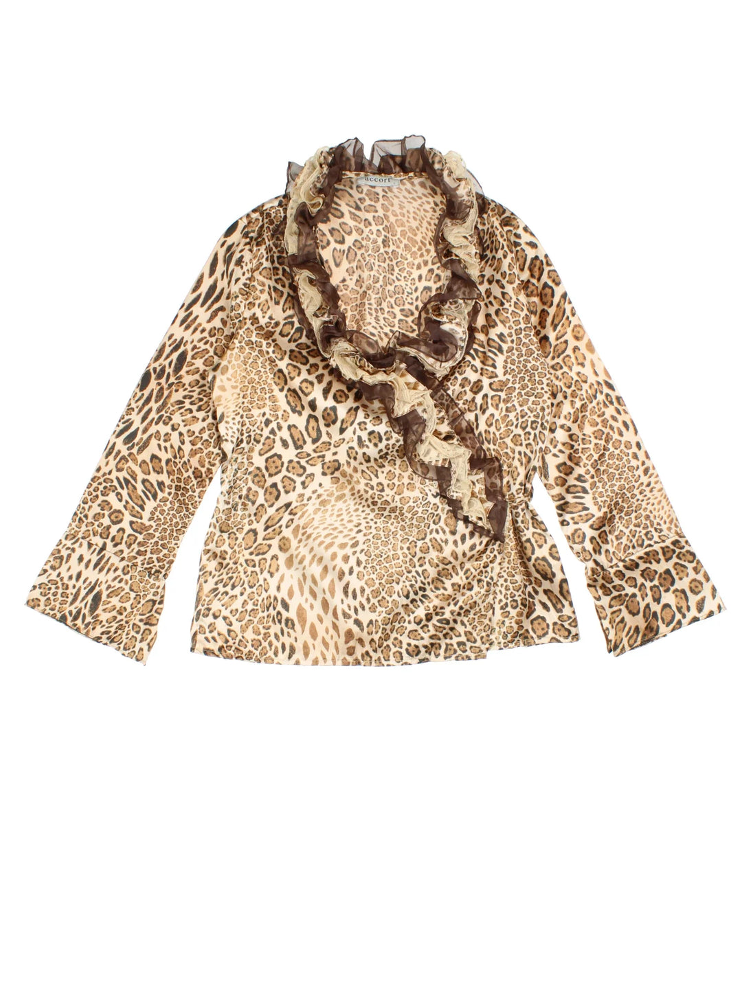 Y2K Leopard Print Wrap Top in a tan/brown colourway, V neck with side tie and frill hem detail.