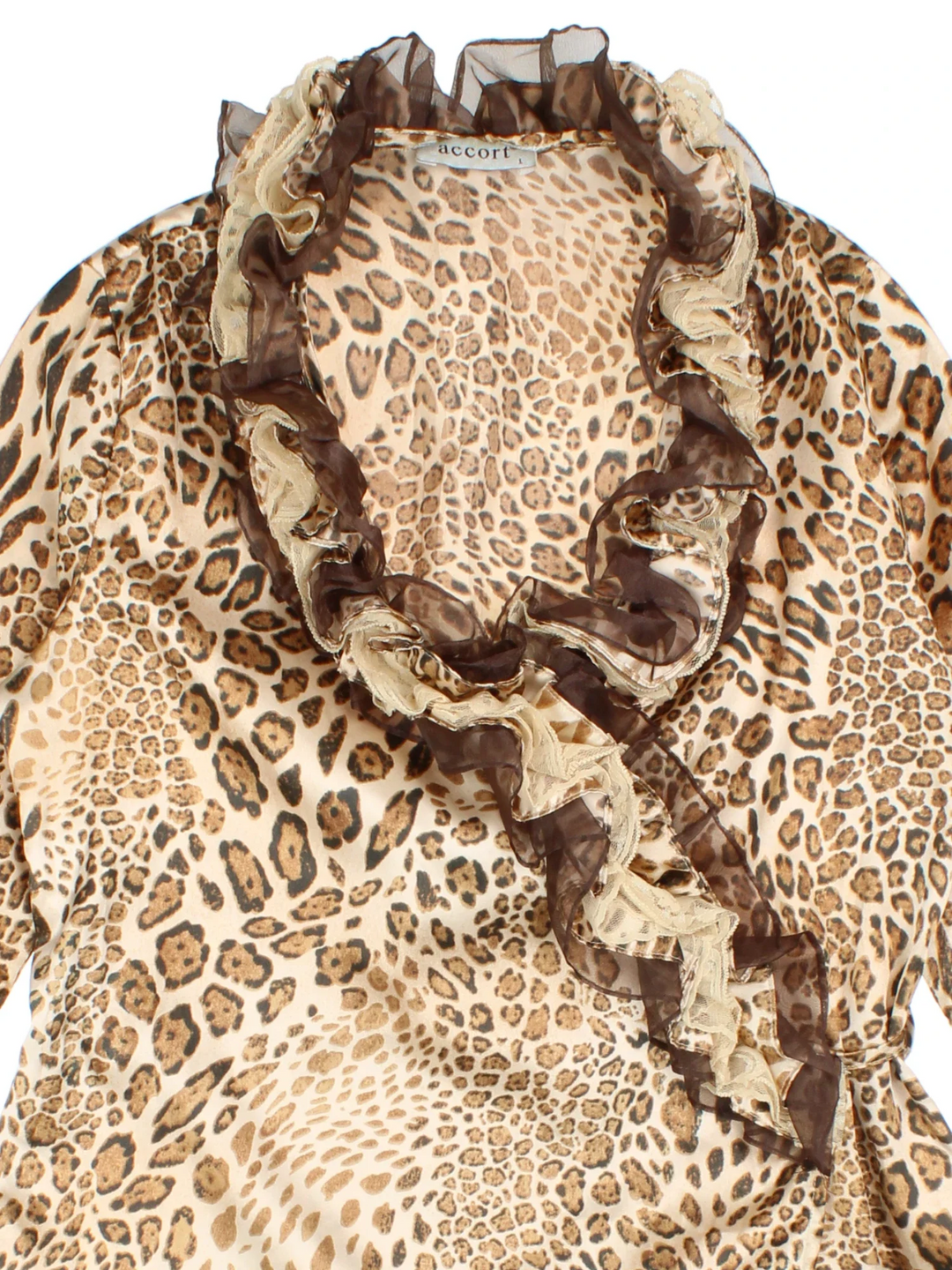 Y2K Leopard Print Wrap Top in a tan/brown colourway, V neck with side tie and frill hem detail.