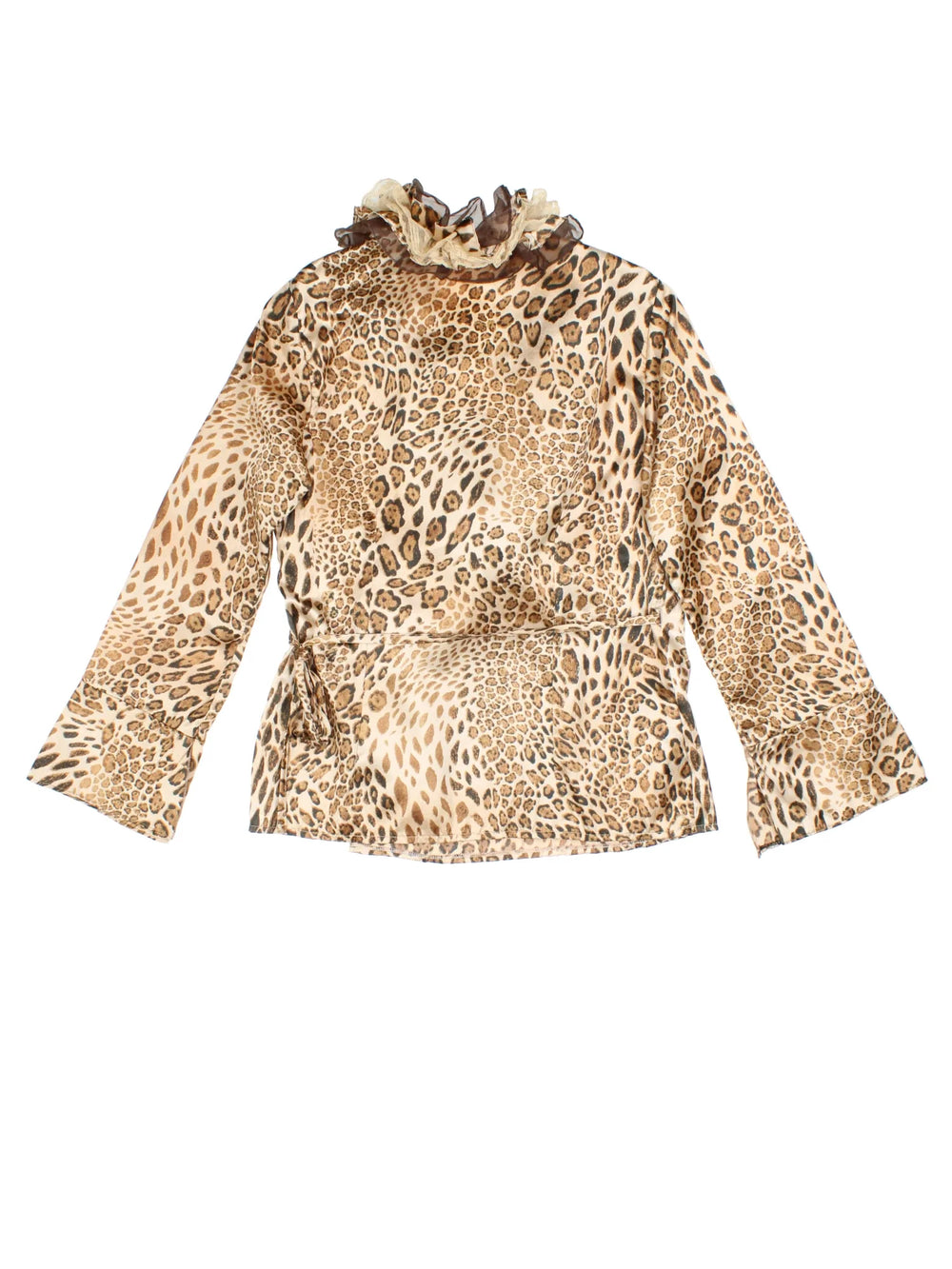 Y2K Leopard Print Wrap Top in a tan/brown colourway, V neck with side tie and frill hem detail.