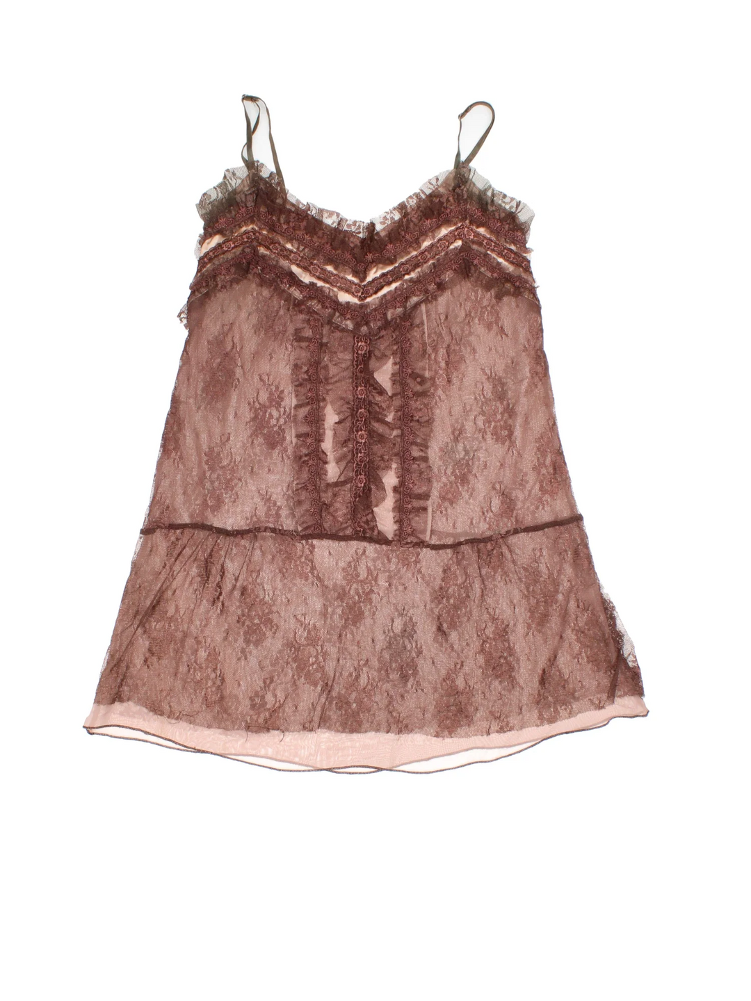 Y2K Brown Lace Vest in a brown colourway, V neck with adjustable straps and frill hem detail.