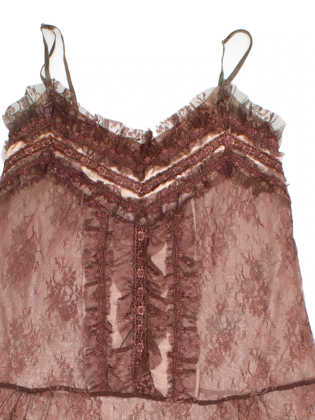 Y2K Brown Lace Vest in a brown colourway, V neck with adjustable straps and frill hem detail.