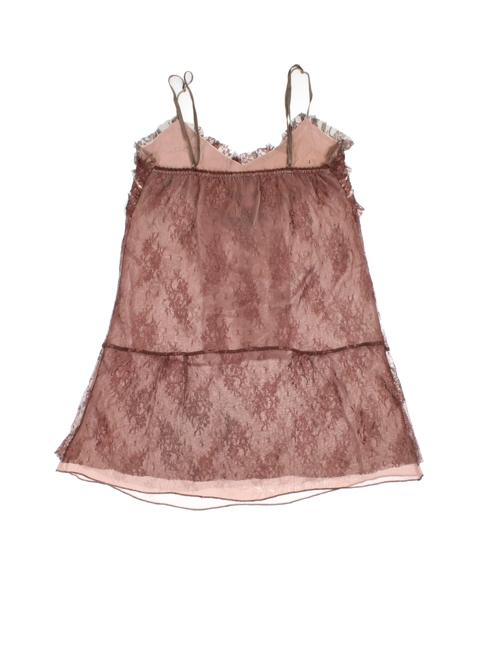Y2K Brown Lace Vest in a brown colourway, V neck with adjustable straps and frill hem detail.