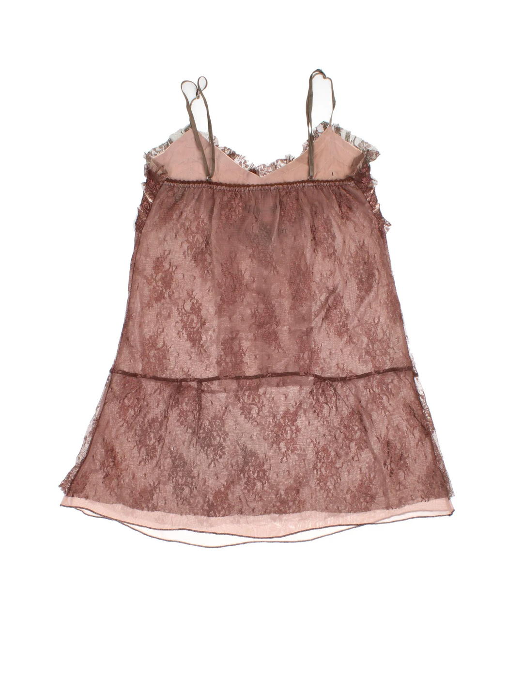 Y2K Brown Lace Vest in a brown colourway, V neck with adjustable straps and frill hem detail.