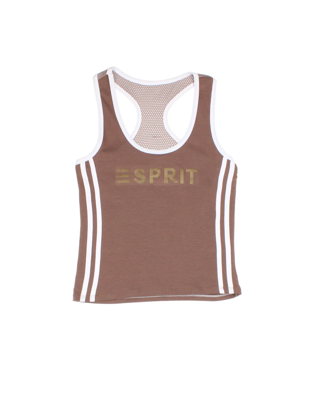 Y2K ESPRIT Vest in a brown colourway. Round neck with mesh racer back detail and branding printed on front.