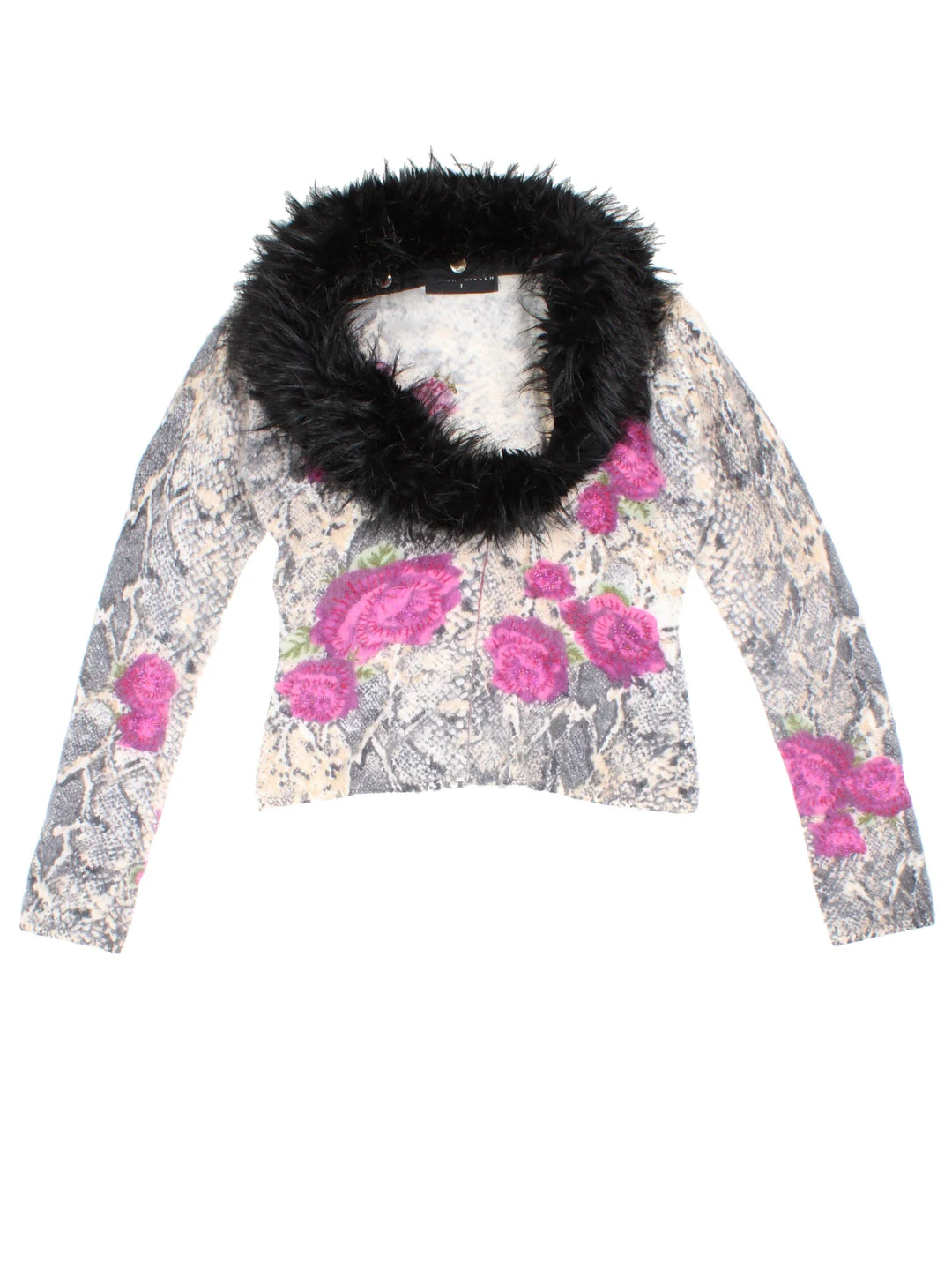 Y2K Karen Millen Cardigan in a grey colourway. Round neck with hook and eye fasetning and faux fur trim detail.