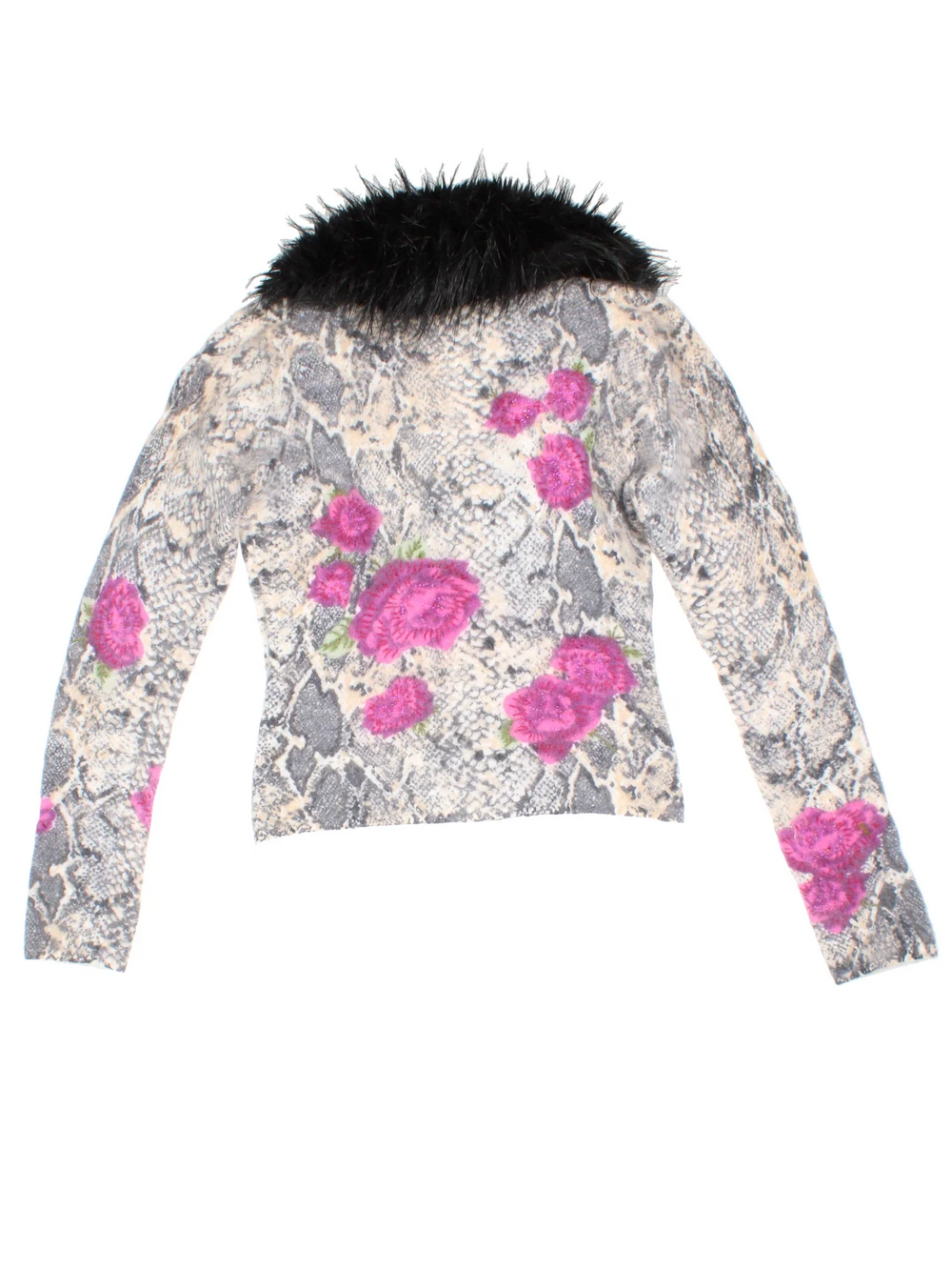 Y2K Karen Millen Cardigan in a grey colourway. Round neck with hook and eye fasetning and faux fur trim detail.