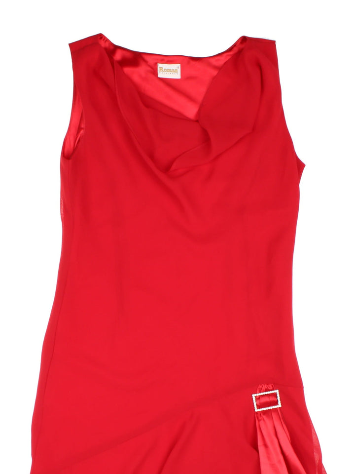 Y2K cowl neck midi dress in red with a drop waist and silky sash detail at the hip with diamante buckle.