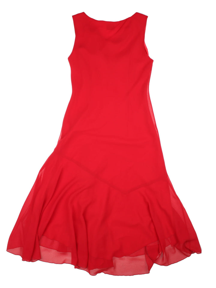 Y2K cowl neck midi dress in red with a drop waist and silky sash detail at the hip with diamante buckle.