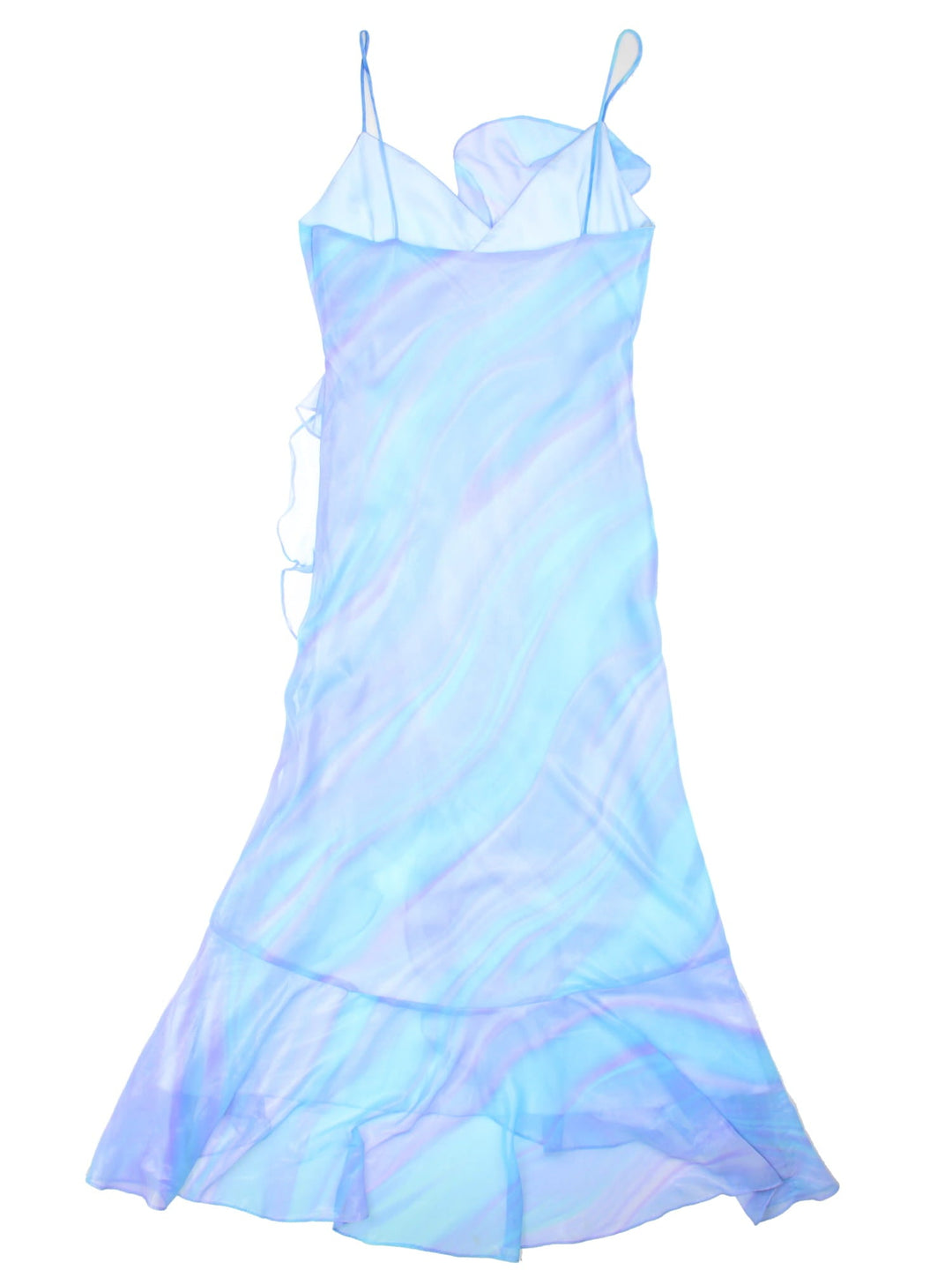 Y2K strappy maxi dress in a purple, pink, and blue ombre print with frill detailing and an asymmetrical hem by Maria Bonita.