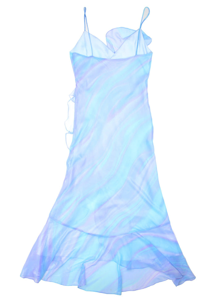 Y2K strappy maxi dress in a purple, pink, and blue ombre print with frill detailing and an asymmetrical hem by Maria Bonita.