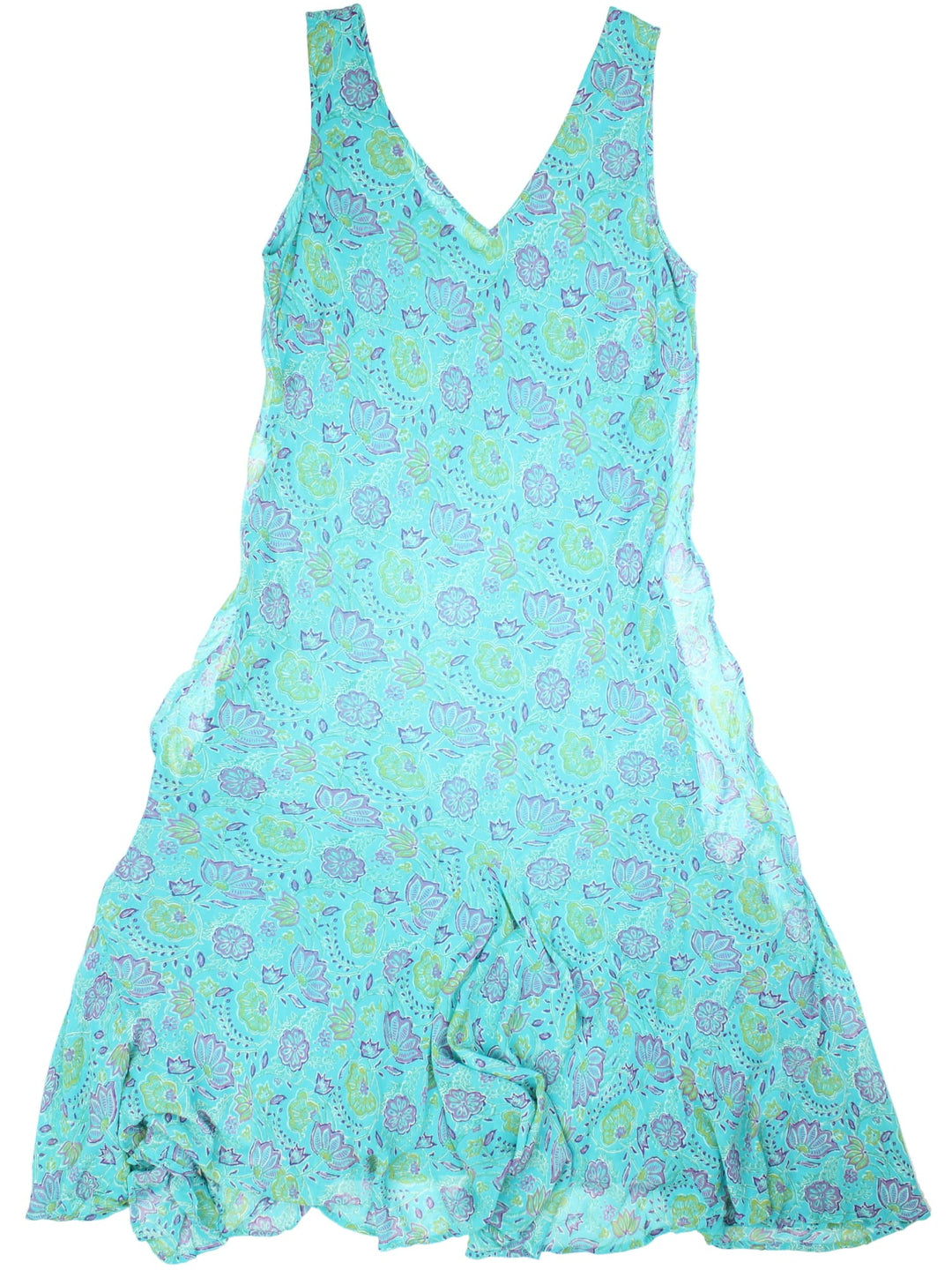 Vintage East floral maxi dress in a blue colourway with a purple and green floral pattern and sheer over layer..