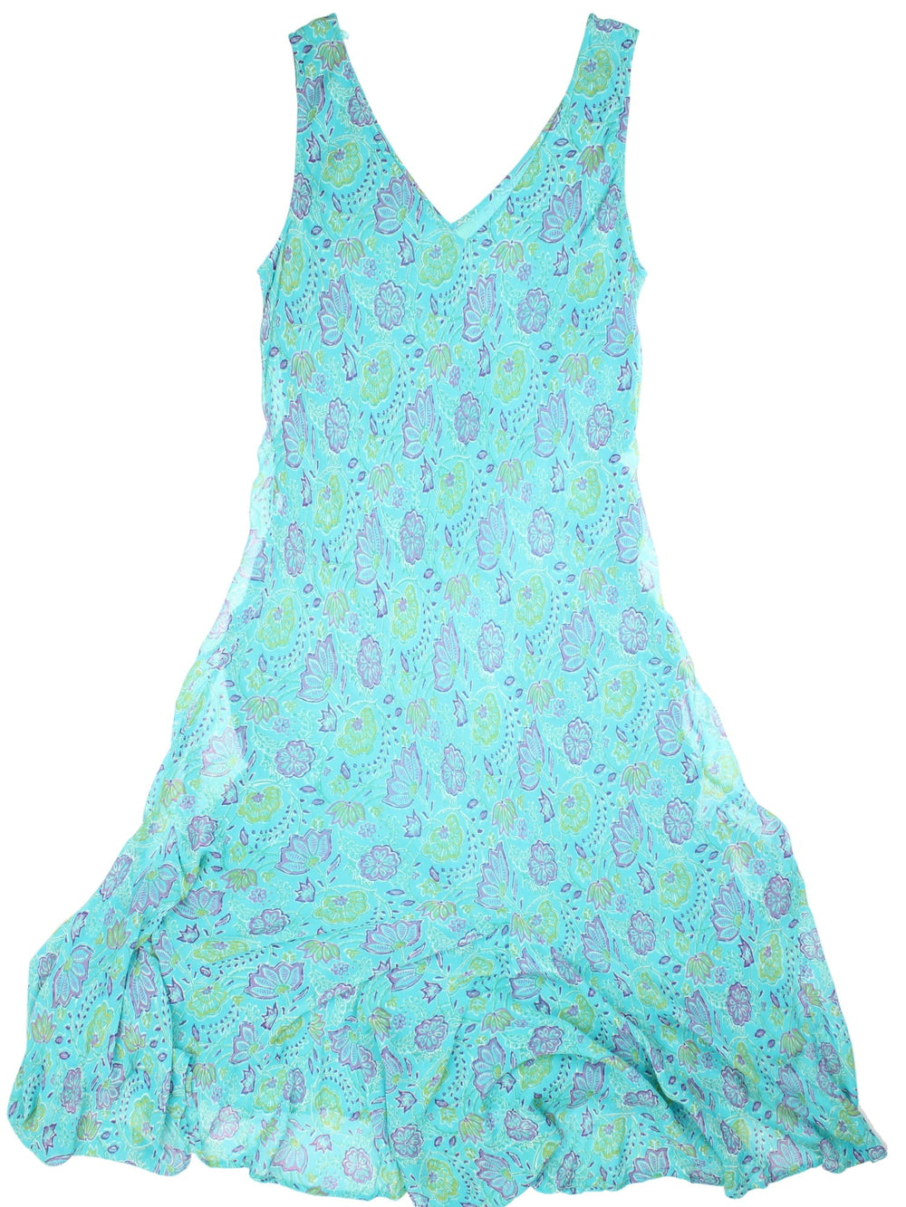 Vintage East floral maxi dress in a blue colourway with a purple and green floral pattern and sheer over layer..