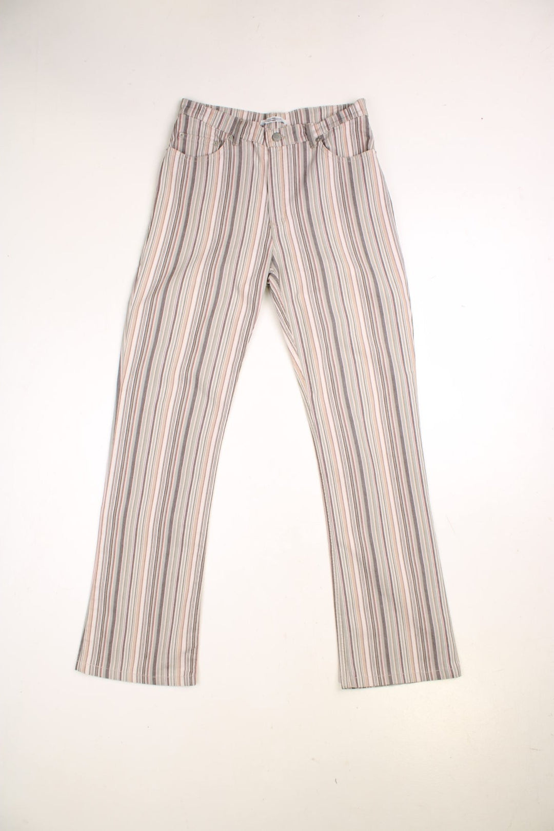 Y2K Striped Pastel Trousers in tan and multicoloured pastel colourway, high waisted and has pockets.