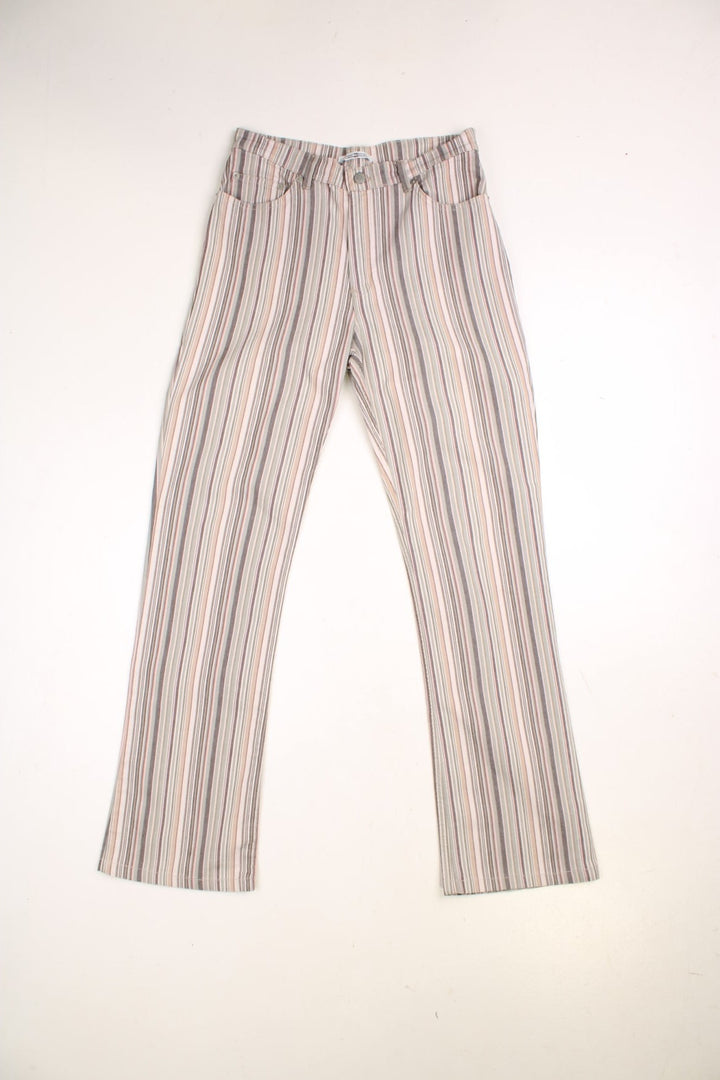 Y2K Striped Pastel Trousers in tan and multicoloured pastel colourway, high waisted and has pockets.