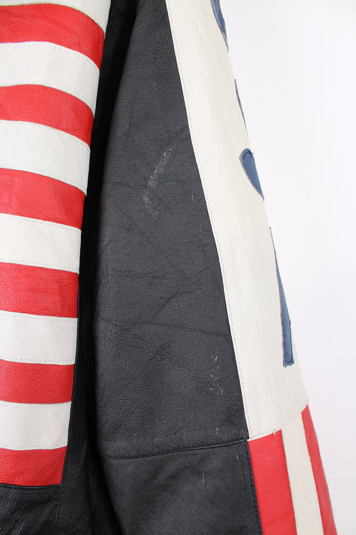Vintage 90's style USA themed leather bomber jacket with spell-out detailing down the sleeves and USA flag on the back 