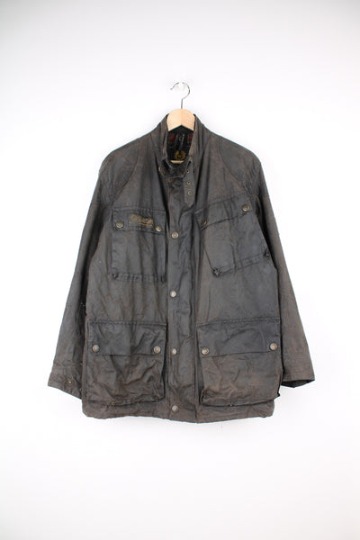 Vintage dark brown/black Belstaff wax Jacket with corduroy collar, made in England with tartan lining. 