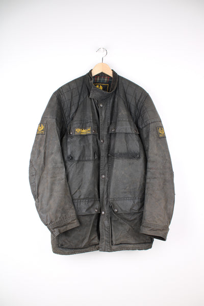 Vintage dark brown/black Belstaff wax Jacket with corduroy collar, with tartan lining.