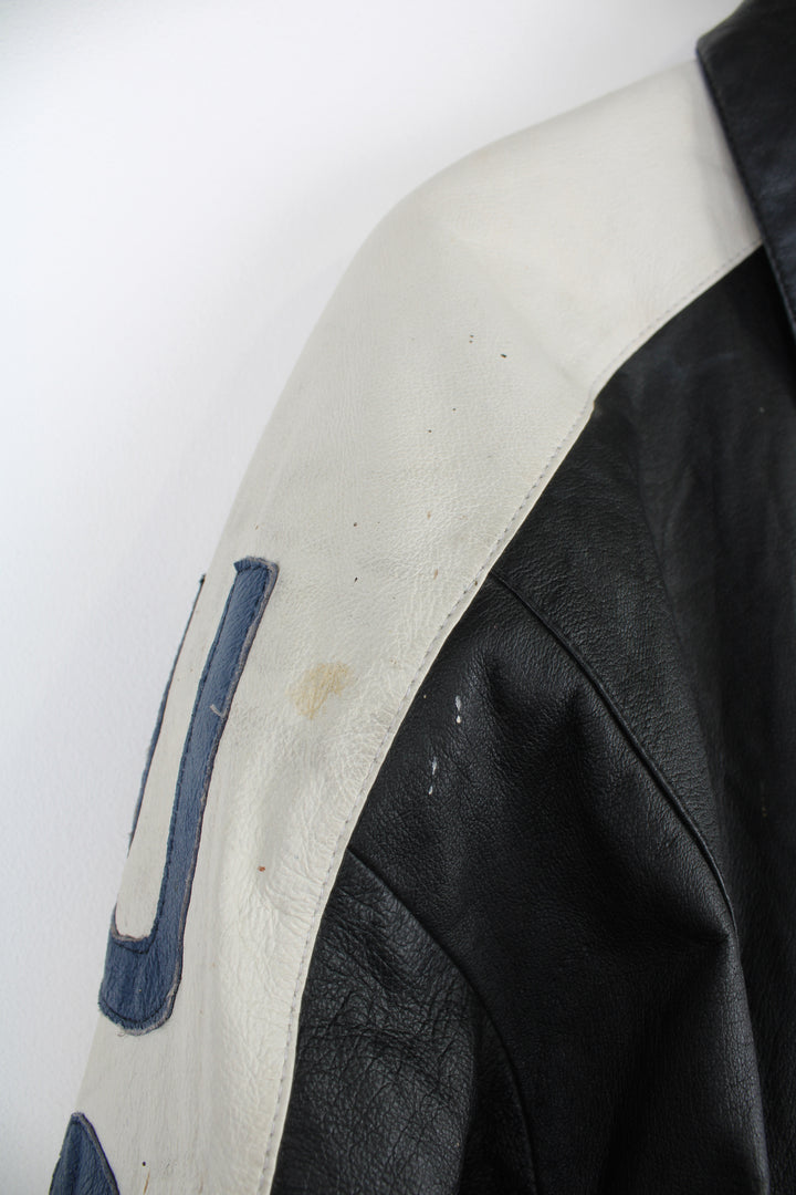 Vintage 90's style USA themed leather bomber jacket with spell-out detailing down the sleeves and USA flag on the back 