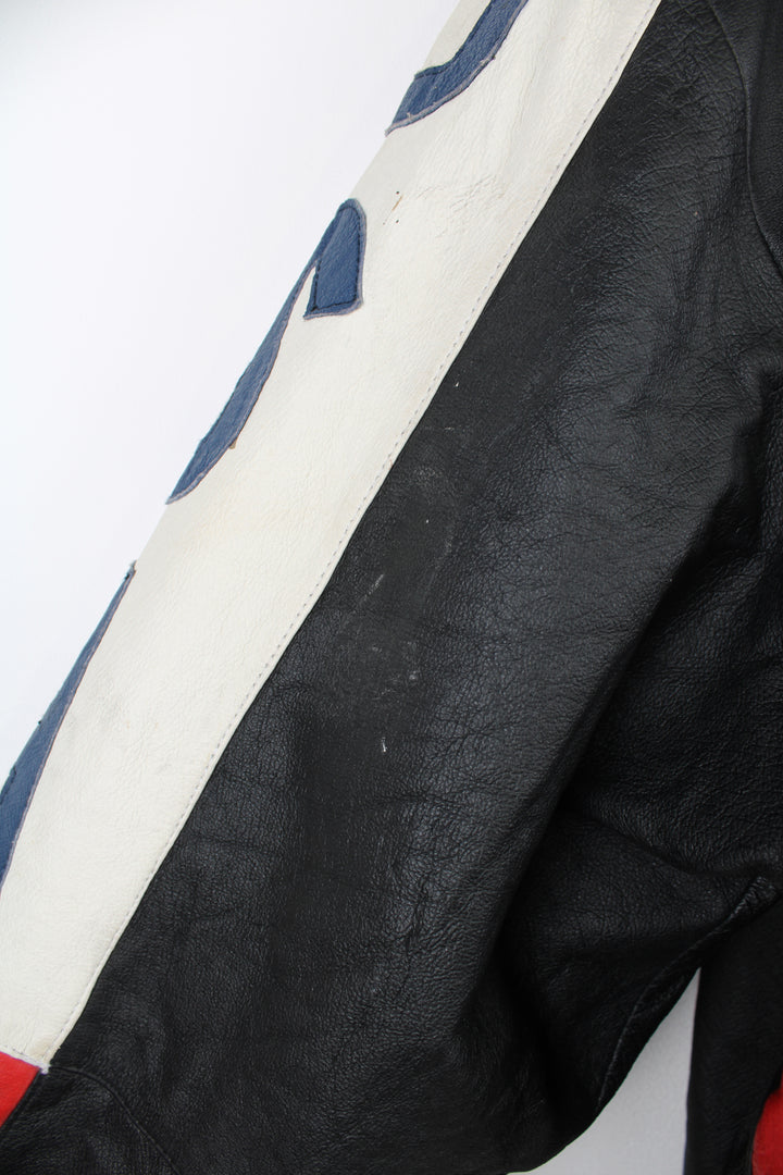 Vintage 90's style USA themed leather bomber jacket with spell-out detailing down the sleeves and USA flag on the back 