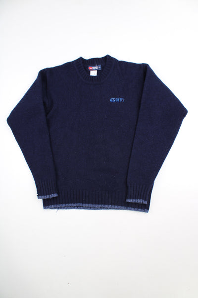 Blue Diesel crew neck knit jumper with embroidered logo on the chest.