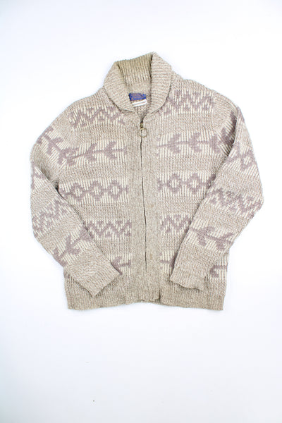 Vintage 70's Pendleton Cowichan light brown knitted full zip through cardigan, features two front pockets and O-ring pull zip.