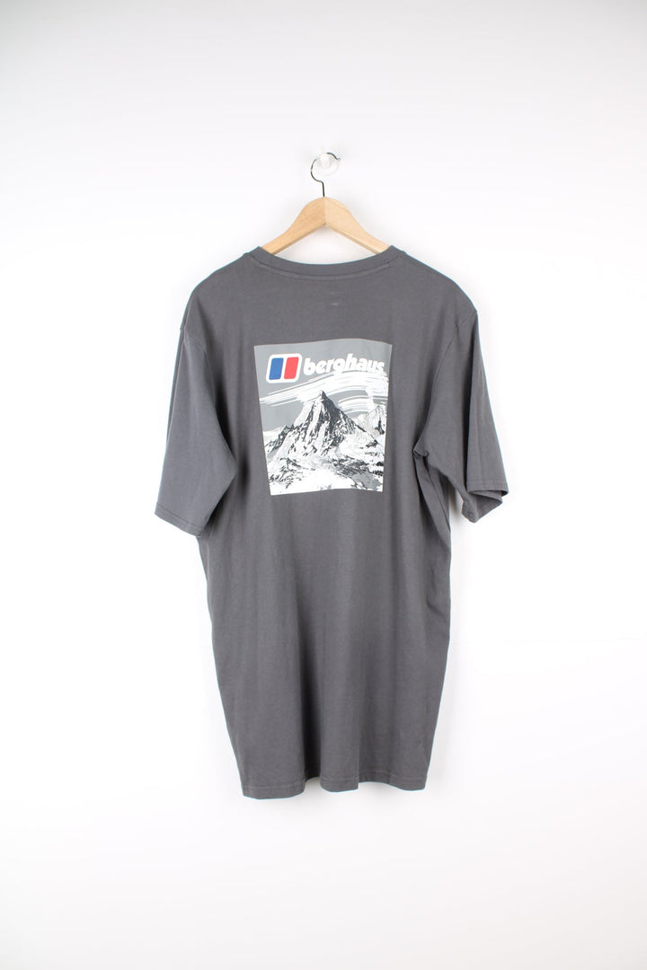 Grey Berghaus T-Shirt with printed logo on the chest and graphic print on the back.