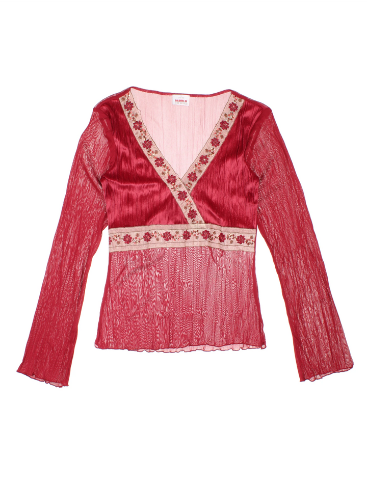 Y2K Sheer Embroidered Top (Size XXS)