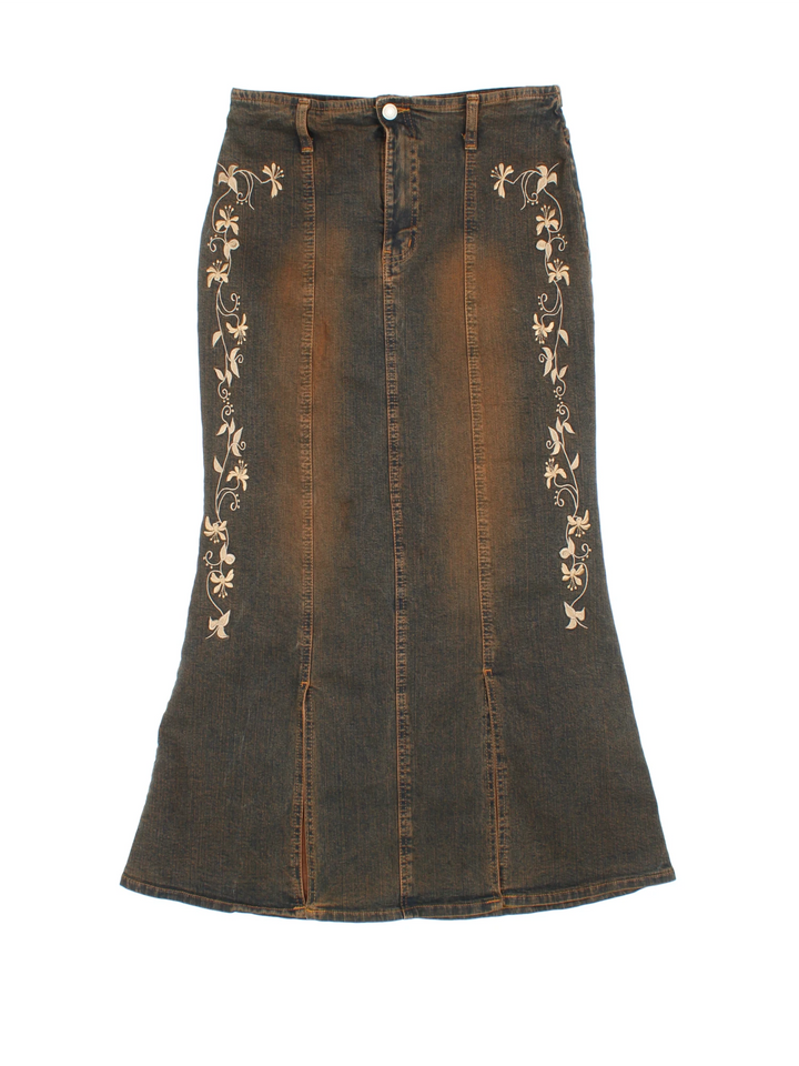 Y2K Embroidered Denim Maxi Skirt (Size S)