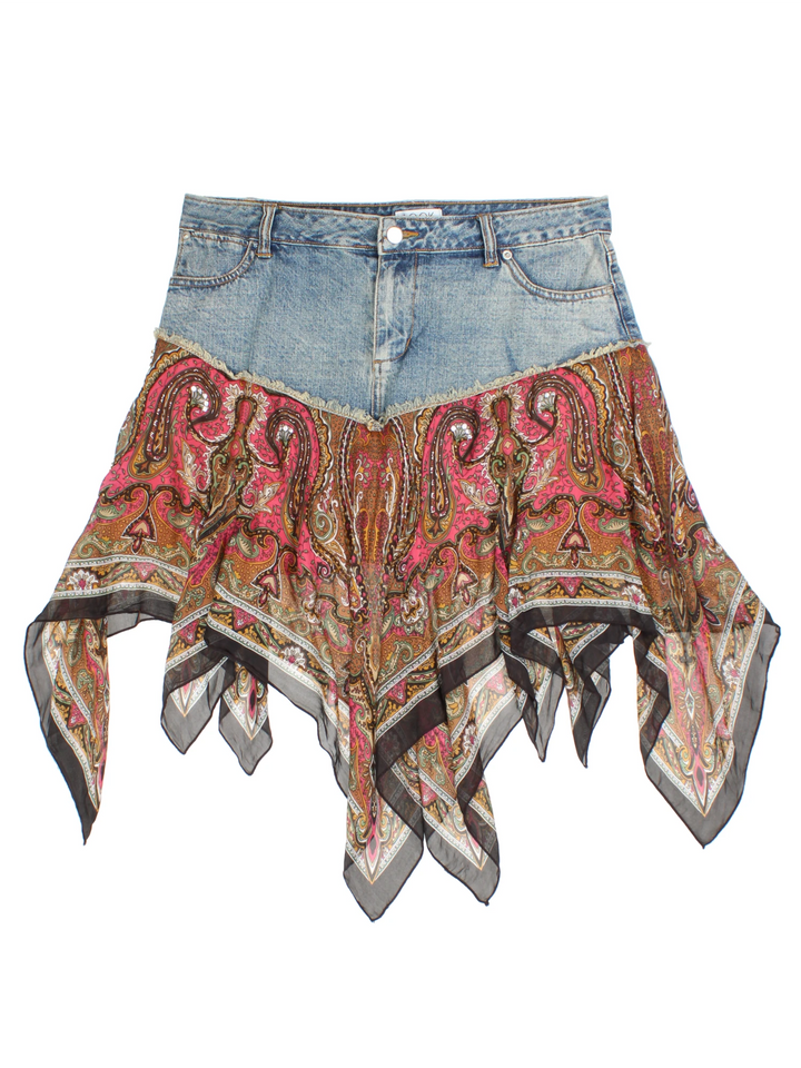 Y2K Handkerchief Hem Denim Skirt (Size XL)