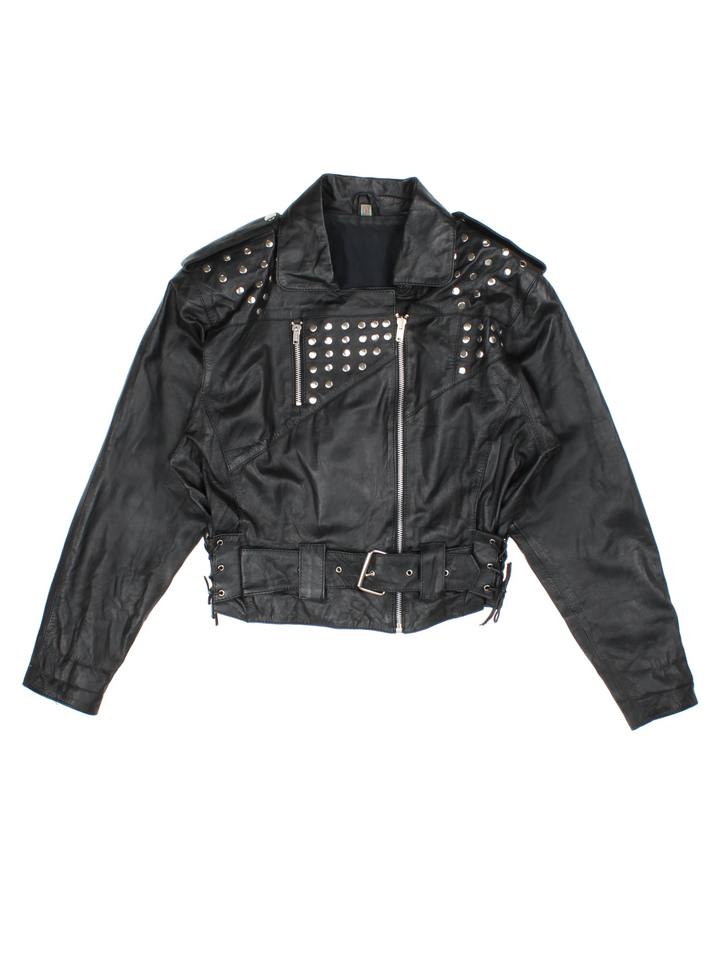 Vintage Studded Leather Biker Jacket (Size XXS)