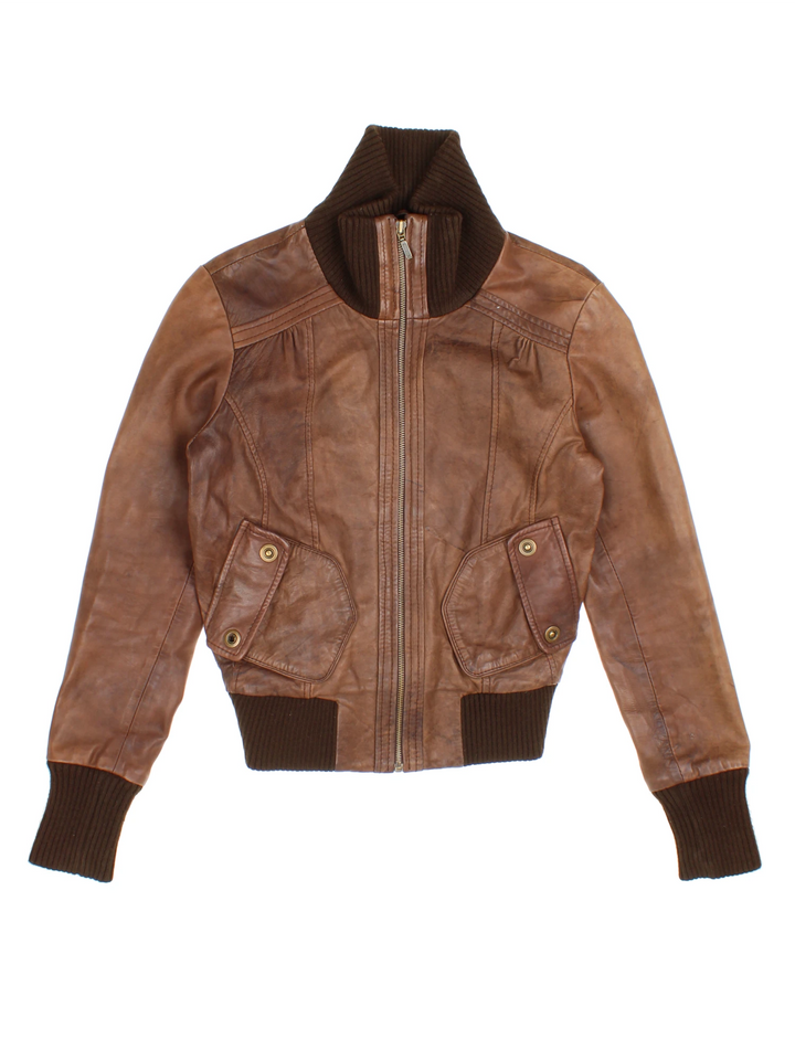 Y2K Funnel Neck Leather Jacket (Size XXS)