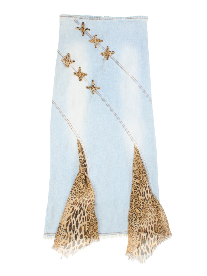 Y2K Denim Leopard Maxi Skirt (Size M)