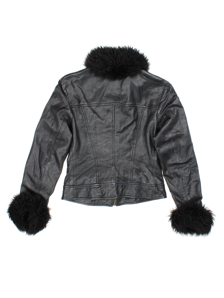 Y2K Faux Fur Trim Leather Jacket (Size XS)
