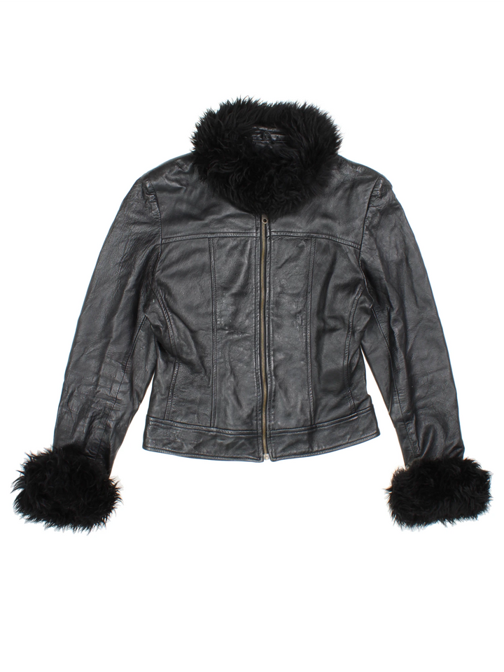 Y2K Faux Fur Trim Leather Jacket (Size XS)