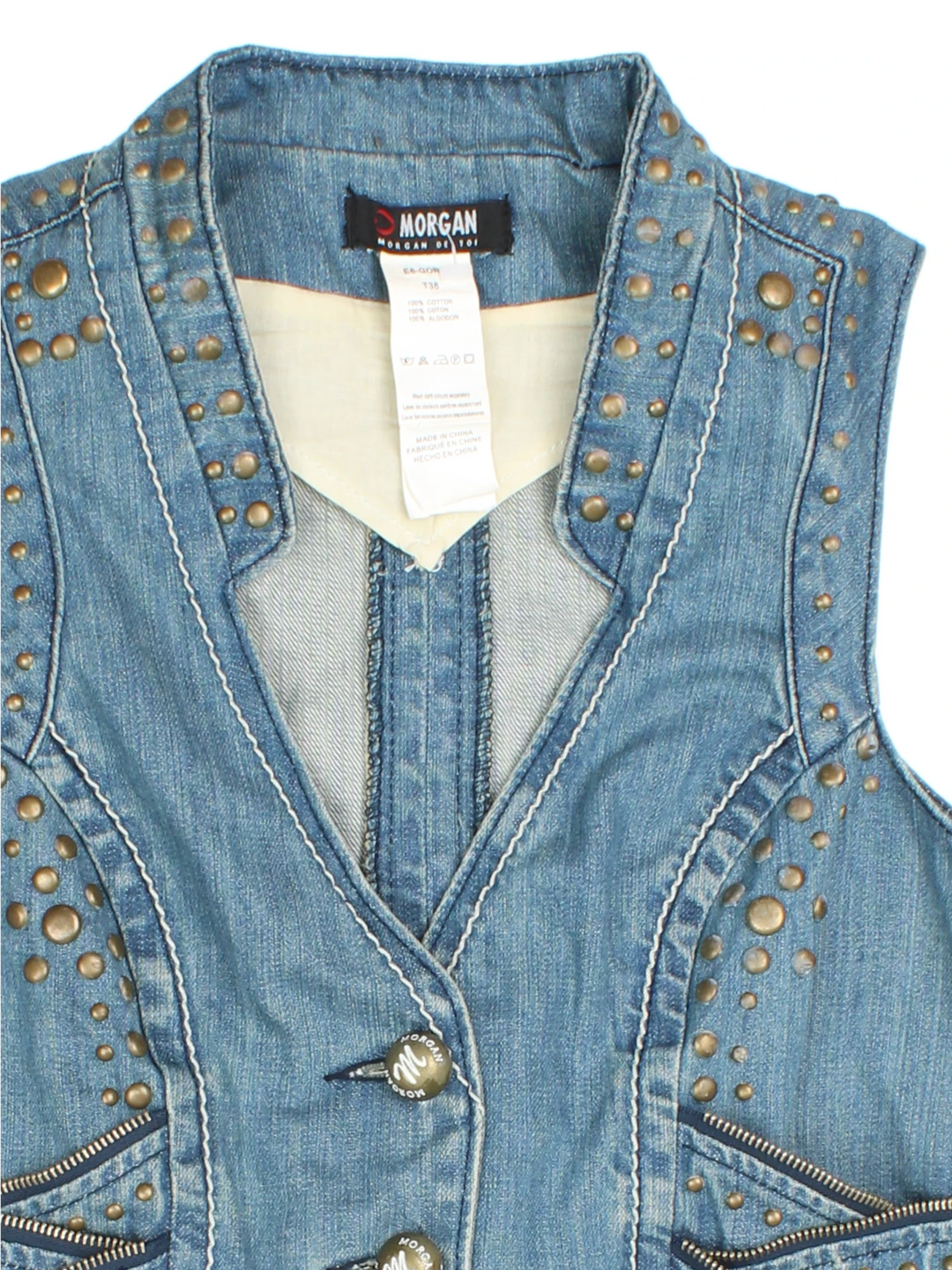 Y2K Morgan Studded Denim Waistcoat (Size XXS) - VintageFolk
