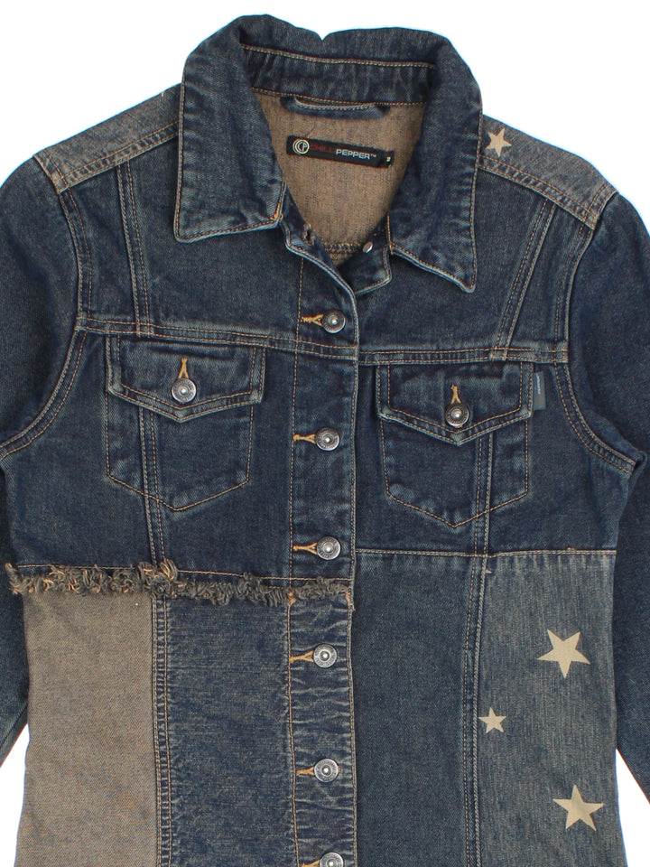 Y2K Patchwork Denim Trench Coat (Size XS)