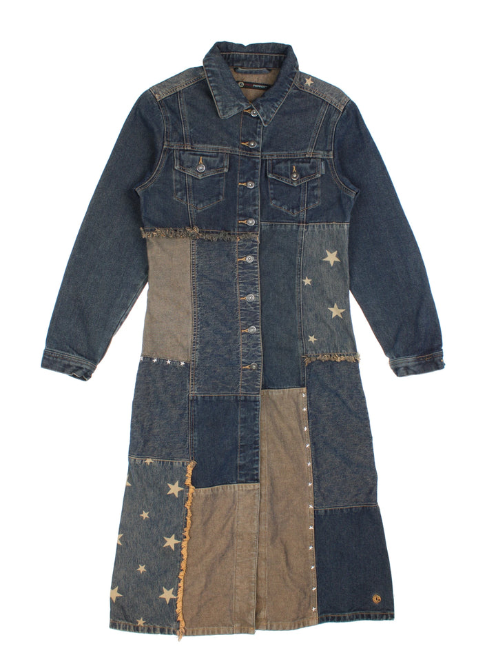 Y2K Patchwork Denim Trench Coat (Size XS)