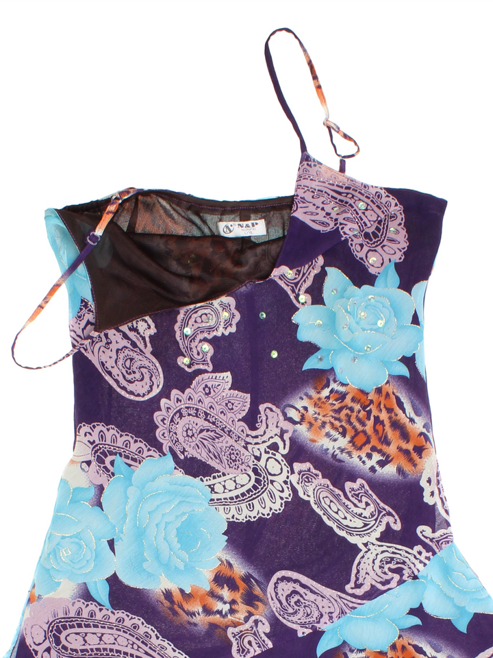 Y2K Paisley-Midi-Kleid mit Rüschen (Größe XS)