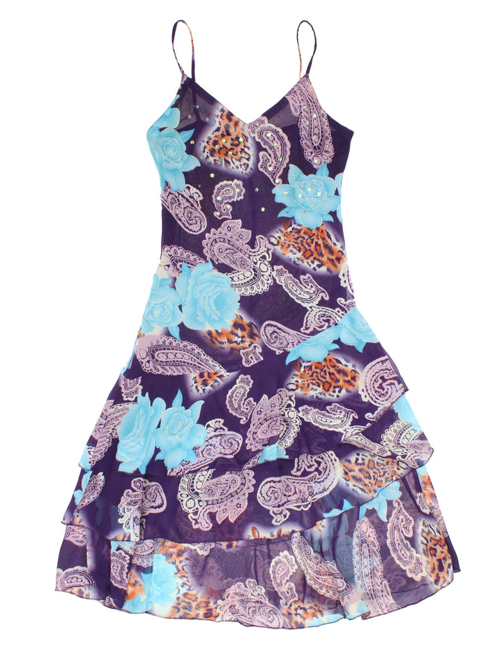 Y2K Paisley-Midi-Kleid mit Rüschen (Größe XS)