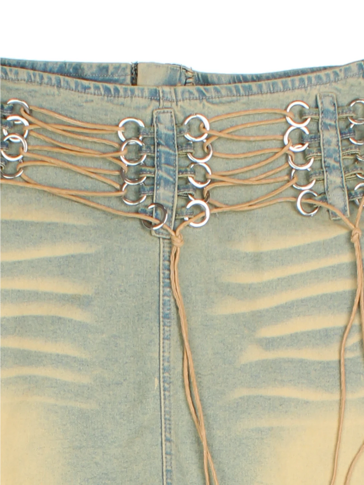 Y2K Lace Up Denim Skirt (Size M) - VintageFolk