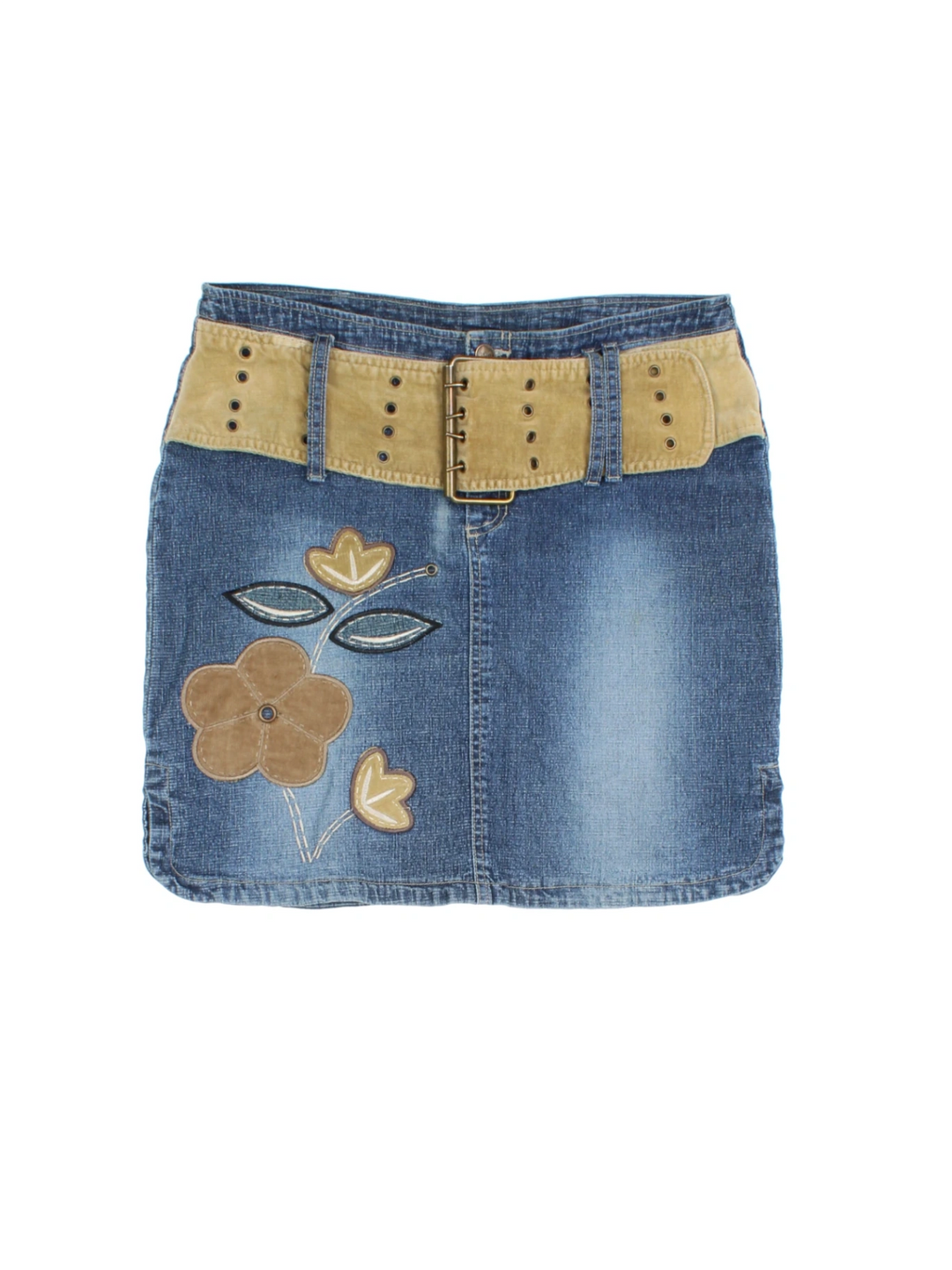 Y2K Embroidered Denim Mini Skirt (Size XL) - VintageFolk